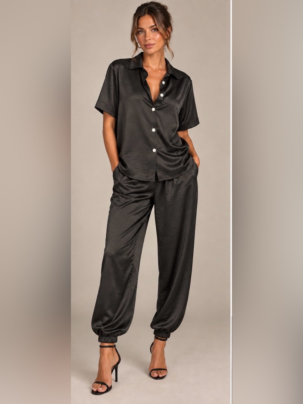 VOGUISH Black Satin Two-Piece Jogger Style Pants Set Rhinestone Buttons